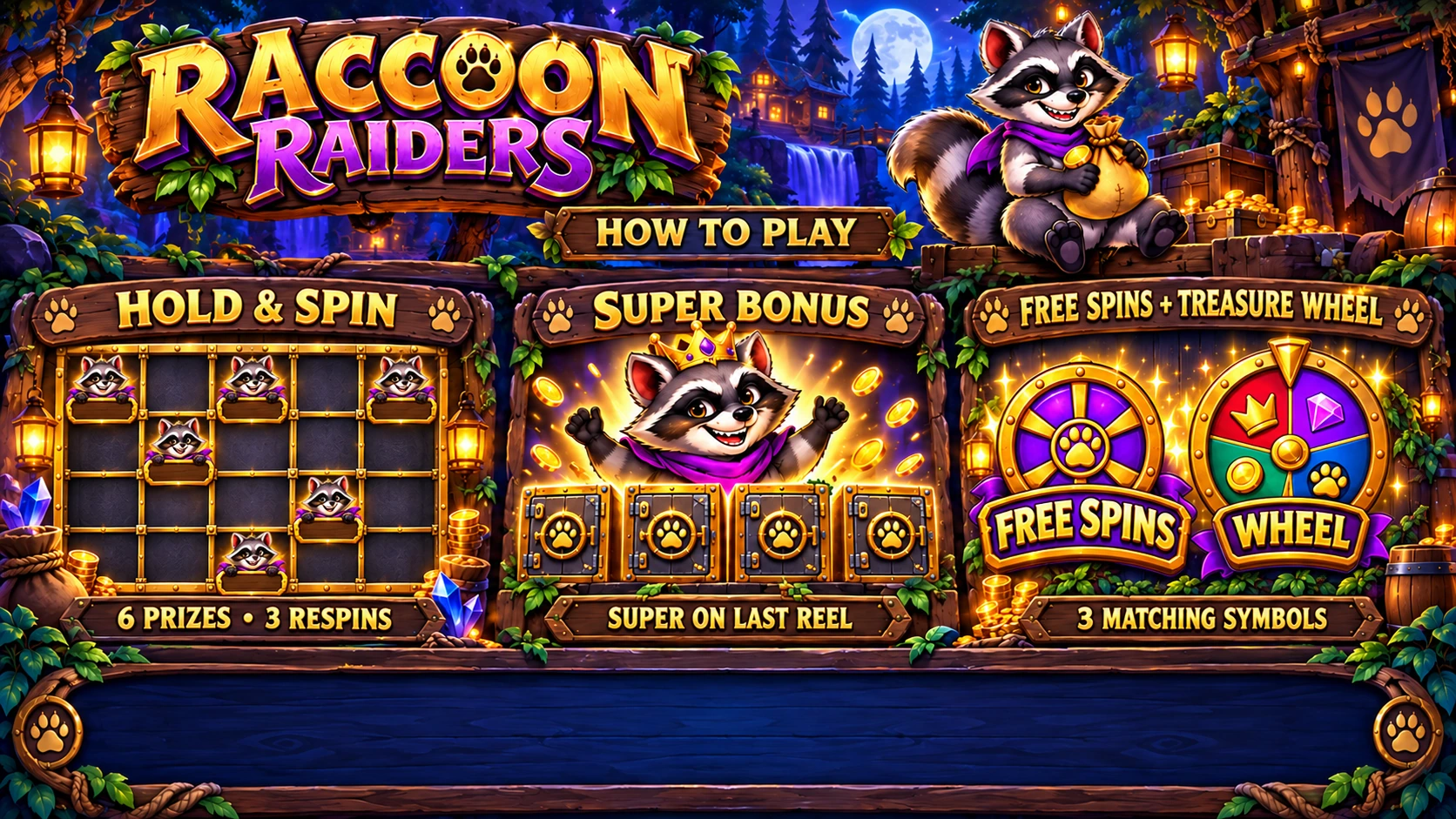 HOLD & SPIN: six prize symbols open a 5 by 4 vault with three respins. SUPER on the final reel upgrades that trigger. Three matching FREE SPINS or WHEEL symbols enter their respective bonus.